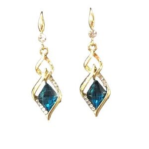 UNBRANDED Gold And Blue RHOMBUS Shape HOLLOWED Out DROP Earrings